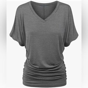 Women's Solid Short Sleeve Boat Neck V Neck Dolman Top with Side Shirring